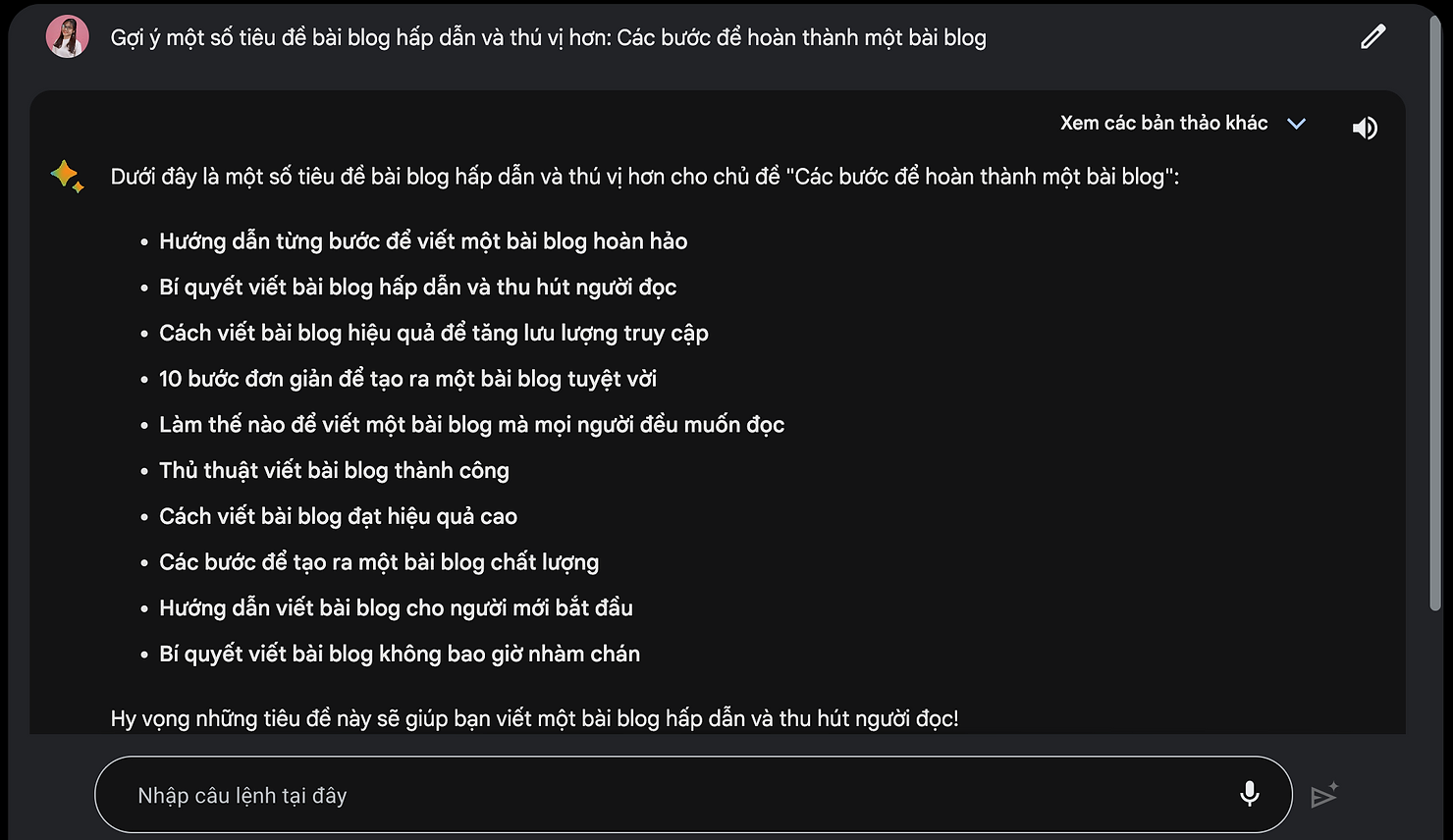 Ví dụ sử dụng AI để gợi ý tiêu đề bài viết